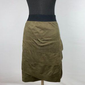 Coco Bianco M Black Olive Green Faux Suede Tiered Pull On Elastic Waist Skirt